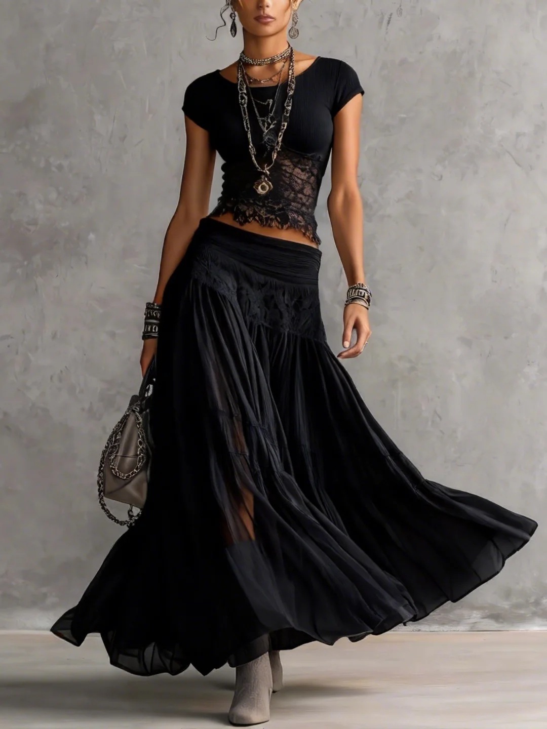 Summer Clothing Fabric - 2026 Graues Strick-Top + Chiffon-Kleid Set