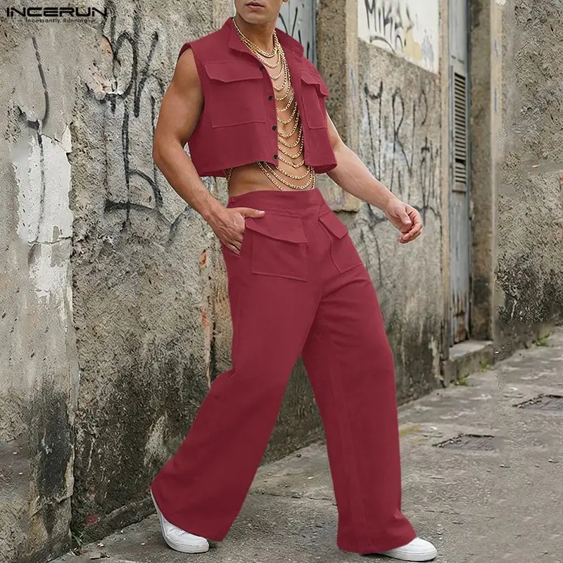 Summer Clothing Trends - INCERUN Herren-Sets Einfarbiges Ärmelloses Crop-Top Hemd