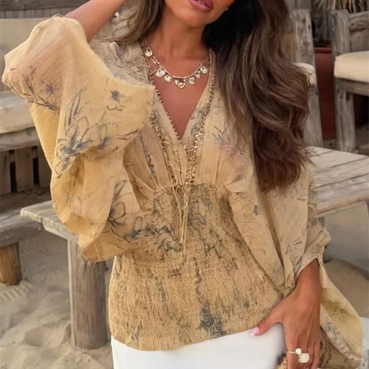 Summer Clothing Resort - V-Ausschnitt Bedrucktes Vintage-Shirt Damenmode Laternenärmel Bohemian