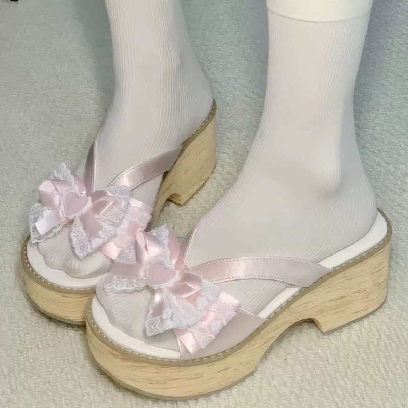 Summer Clothing Ladies - Süße Schleifen-Holzmaserung Plateau-Slipper für Damen –