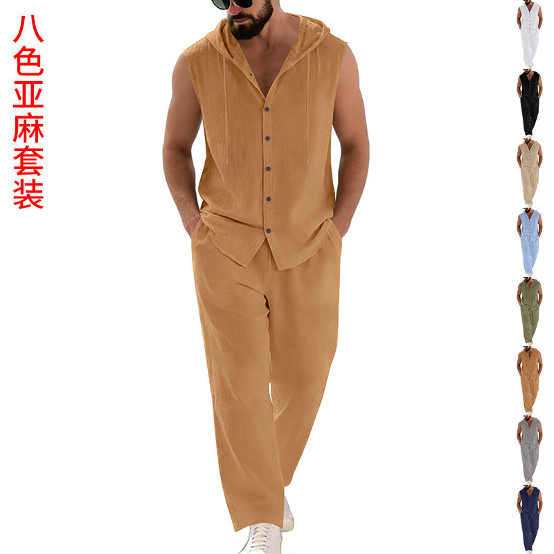 Summer Clothing Us - Herren-Freizeitanzug aus Leinen mit Kapuzenpullover und