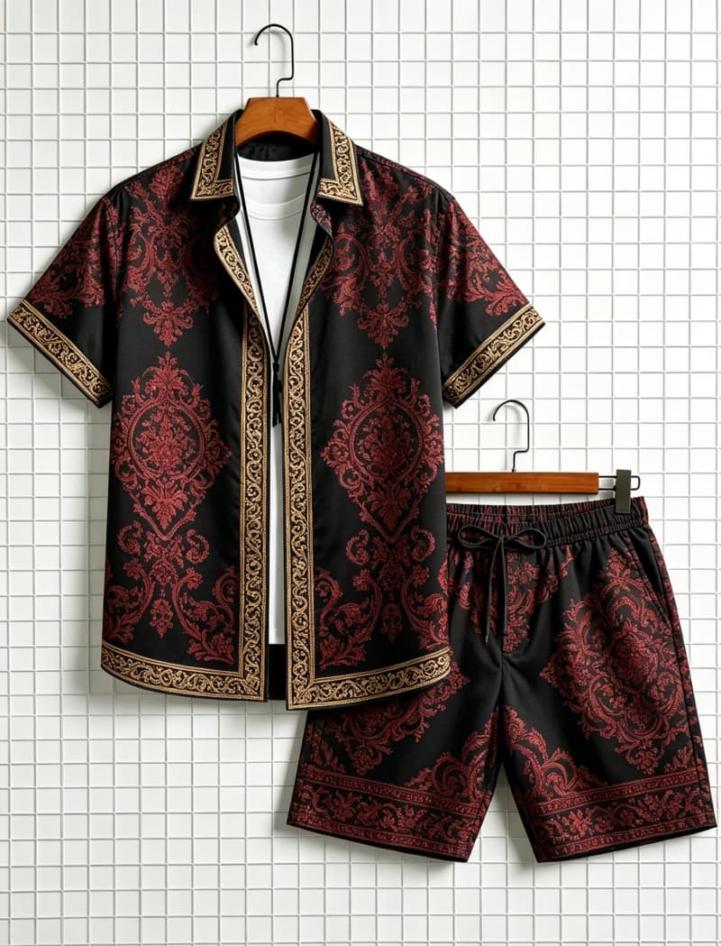 Summer Clothing Trends - Herren-Set mit ethnisch bedrucktem Kurzarmhemd und