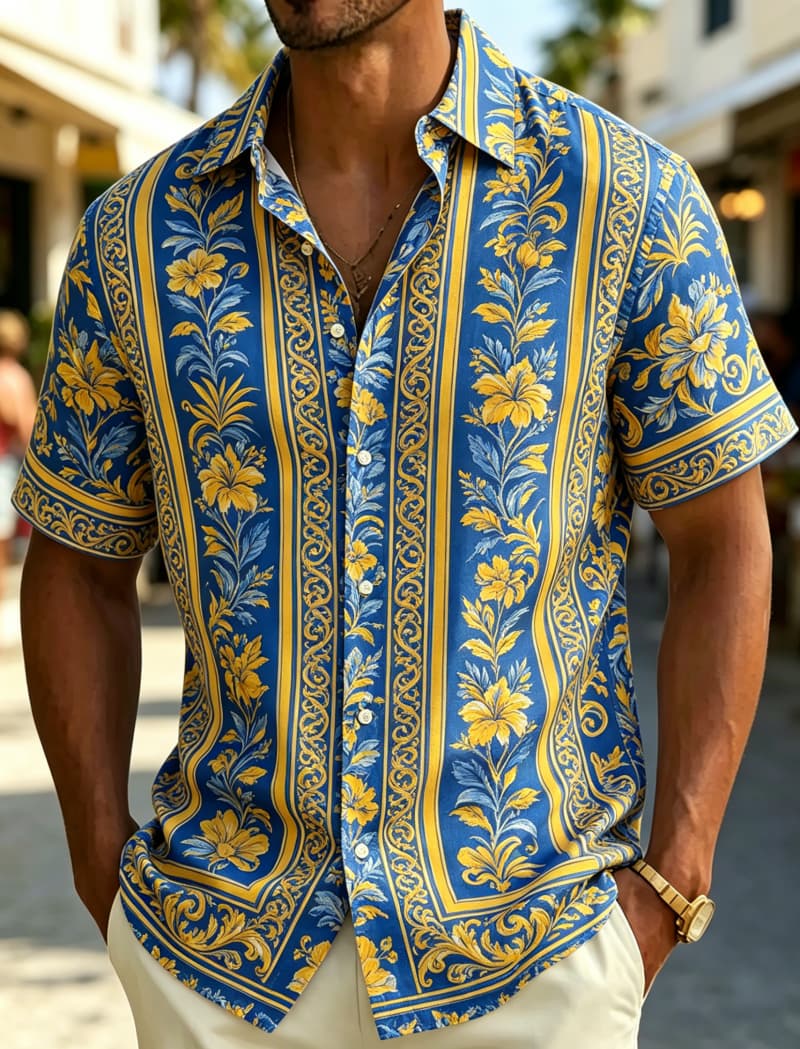 Summer Clothing Resort - Herren Kurzarmhemd mit Revers, Vintage-Barock-Blumenmuster, gestreifter