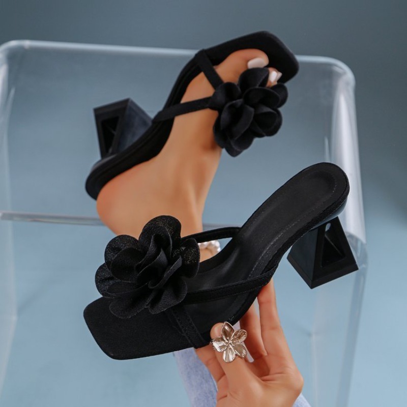 Summer Clothing Ladies - Damen-Sandalen mit 3D-Blumendekor, dreieckiger Ausschnitt, High-Heel-Sandalen,