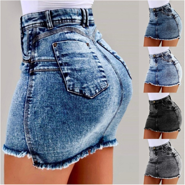Summer Clothing Options - Neuer hoch taillierter, rauer, hüftumwickelter Denim-Kurzrock